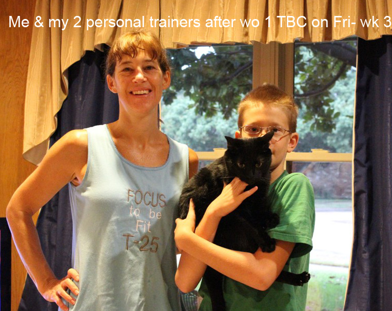 Me & my 2 personal trainers - my son was up early and watched me do the workout - he & the cat.  Photo taken after 1st workout Total Body Circuit was completed     www.kimberleeskorner.com/blog