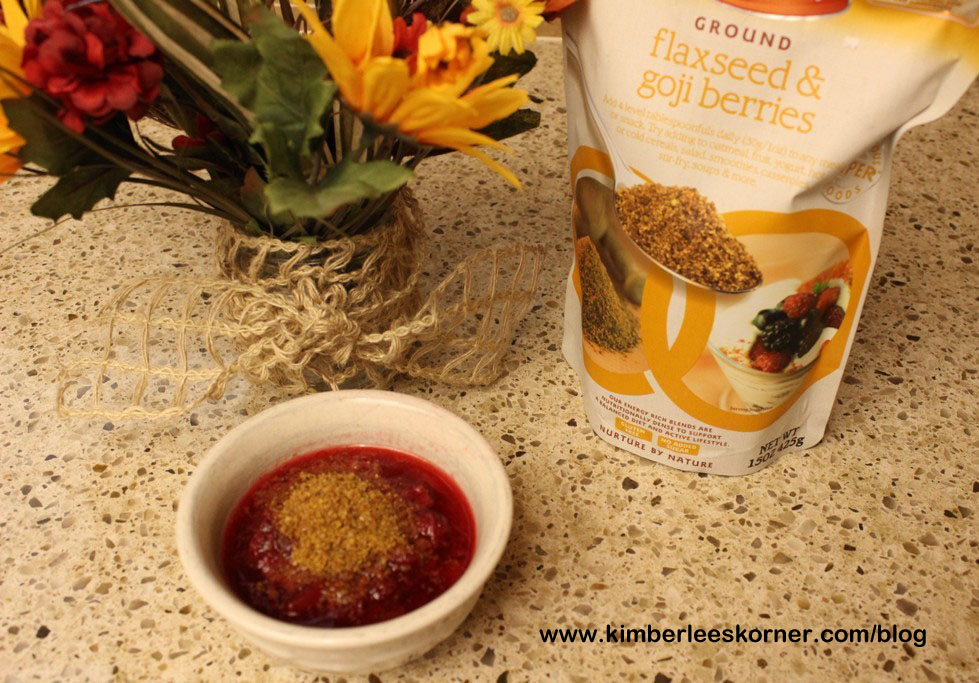 Cranberry Rhubarb Sauce with Linwood Flaxseed Goji Berry blend on top from Kimberlees Korner