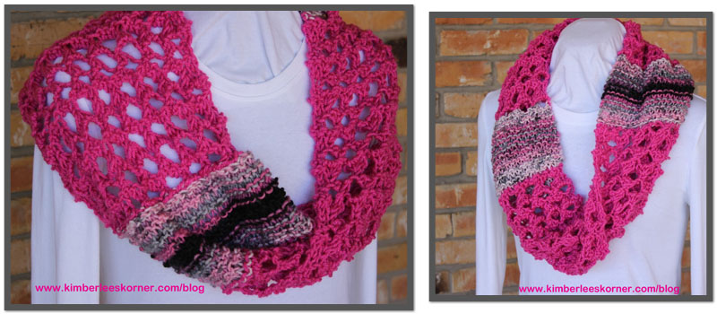 Pink Lace and Garter knit infinity scarf from Kimberlees Korner