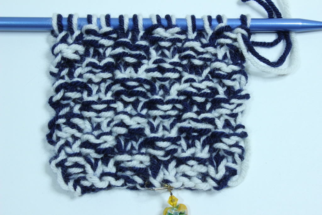 Knit swatch holding 2 yarns together Kimberlees Korner