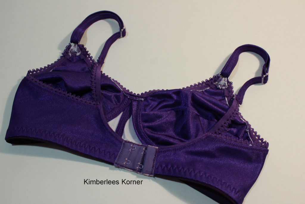 Back of purple and white lace bra sewn by Kimberlee from Kimberlees Korner