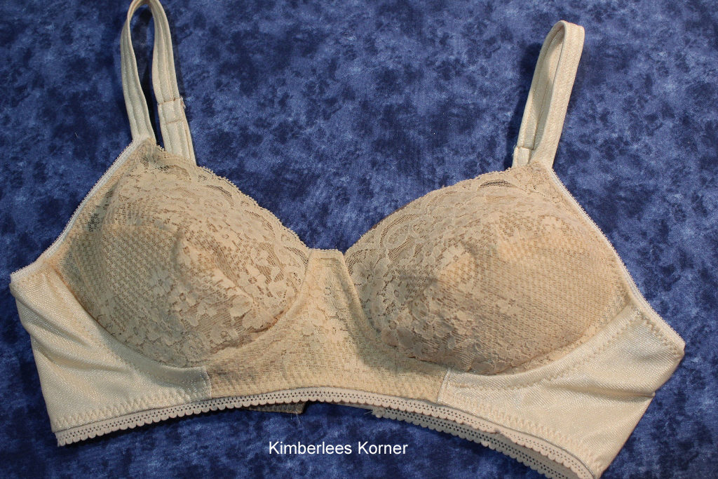 Beige lace bra with partial lace band sewn by Kimberlee from Kimberlees Korner