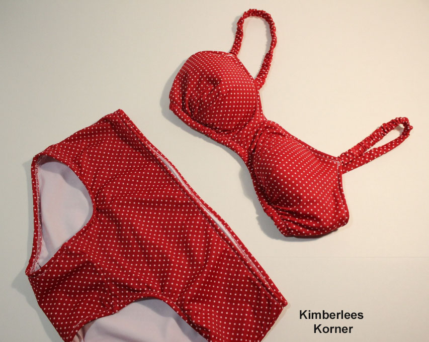 red polka dot bathing suit made by Kimberlee