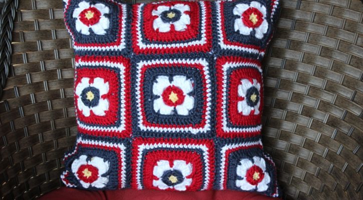 Crochet pattern for floral motif pillow pattern from Kimberlees Korner