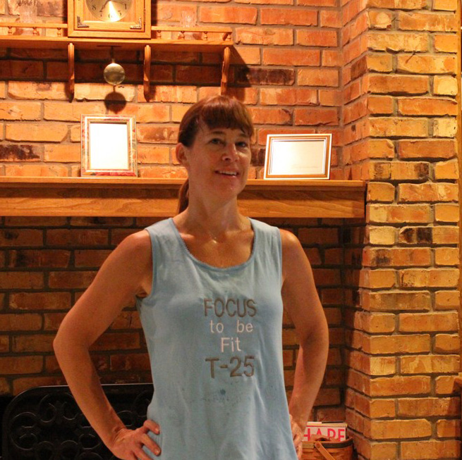 Monday 8-12 photo after completing Total Body Circuit of T-25 - also notice the shirt I made to work out in.  I bought the shirt and embroidered my own wording on there "Focus to be Fit T-25" by Kimberlee from www.kimberleeskorner.com/blog