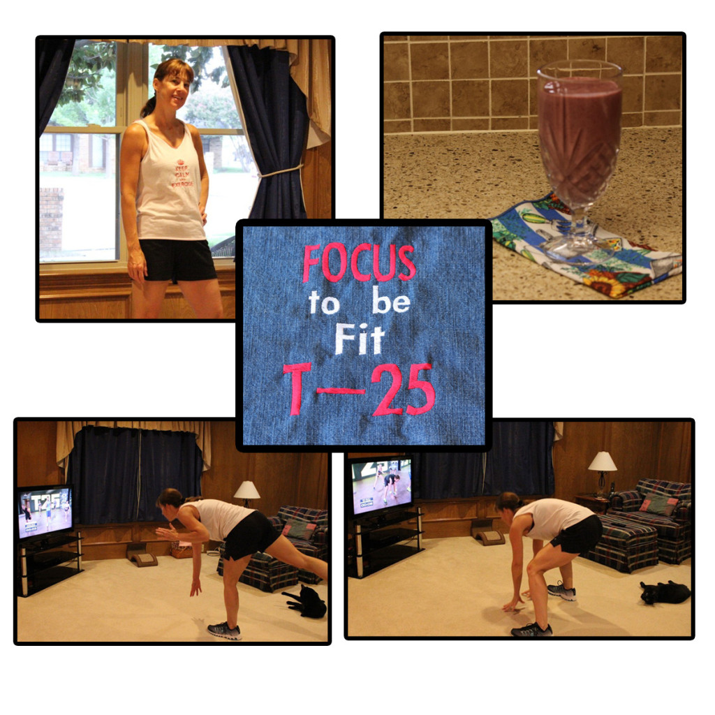 Photo collage of week 4 day 3, Lower Focus - T-25.  Me & my workout buddy + acai, blackberry protein smoothie  www.kimberleeskorner.com/blog