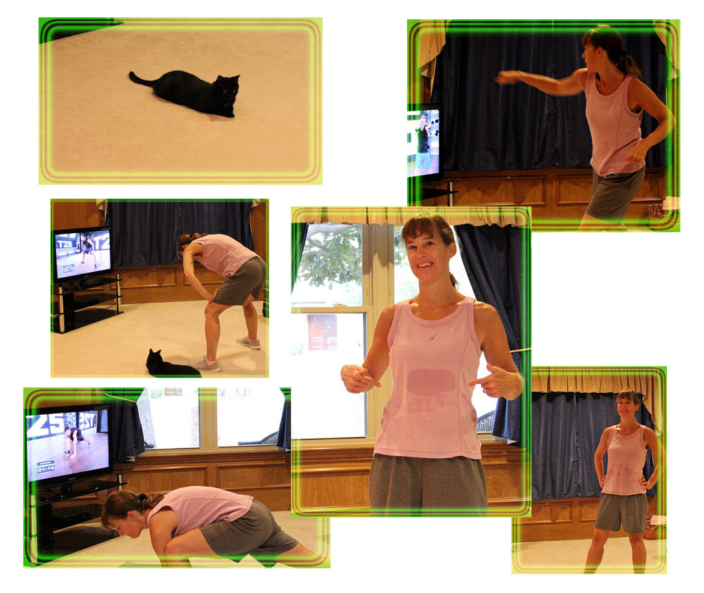 Week 4, day 5 - double workout day - Speed 1.0 & Ab Intervals done - the cat was waiting for me in front of the TV when I got downstairs ready for the workouts - look at all the sweat I am pointing to after both were completed - feeling totally energized! www.kimberleeskorner.com/blog