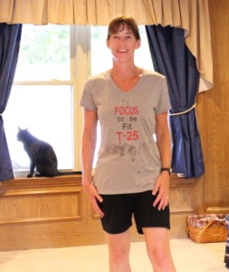 photo after finished T25 Core Cardio - another new shirt I embroidered to workout in