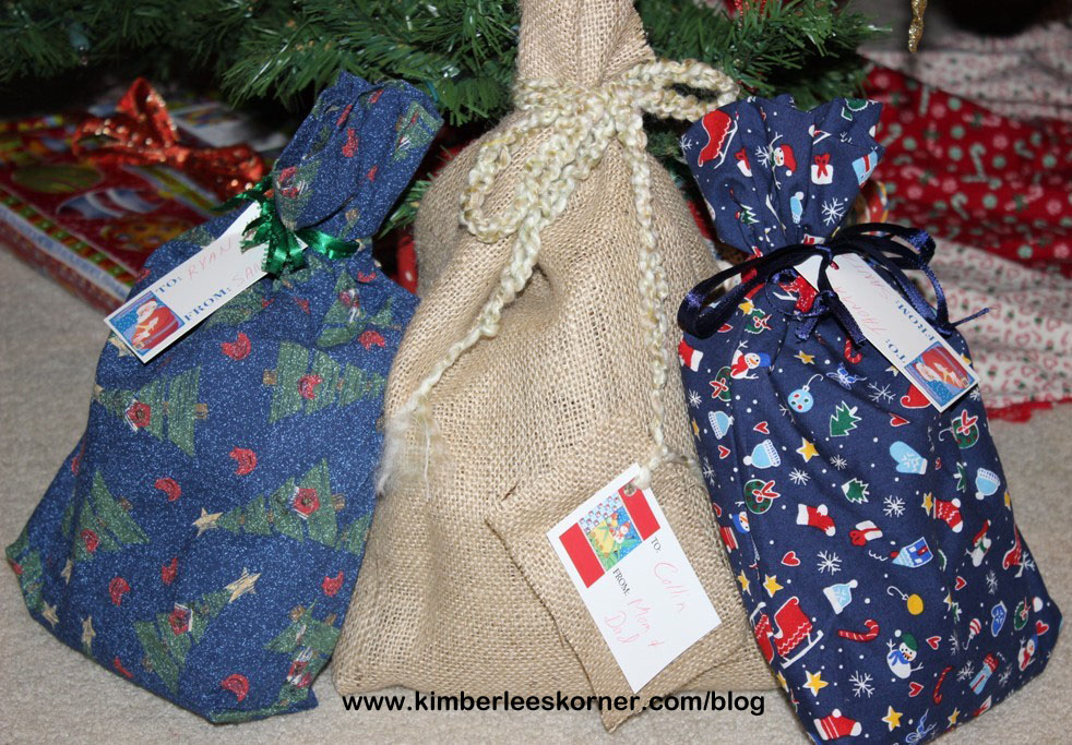 burlap and fabric gift bags made by Kimberlee www.kimberleeskorner.com/blog