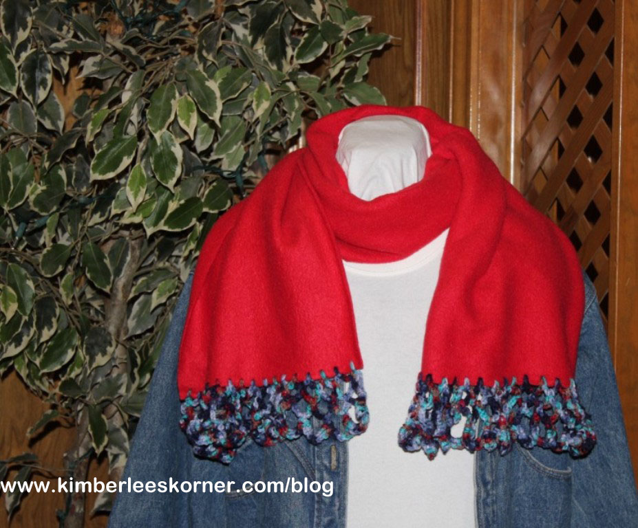 red fleece scarf with crochet trim edge  www.kimberleeskorner.com/blog