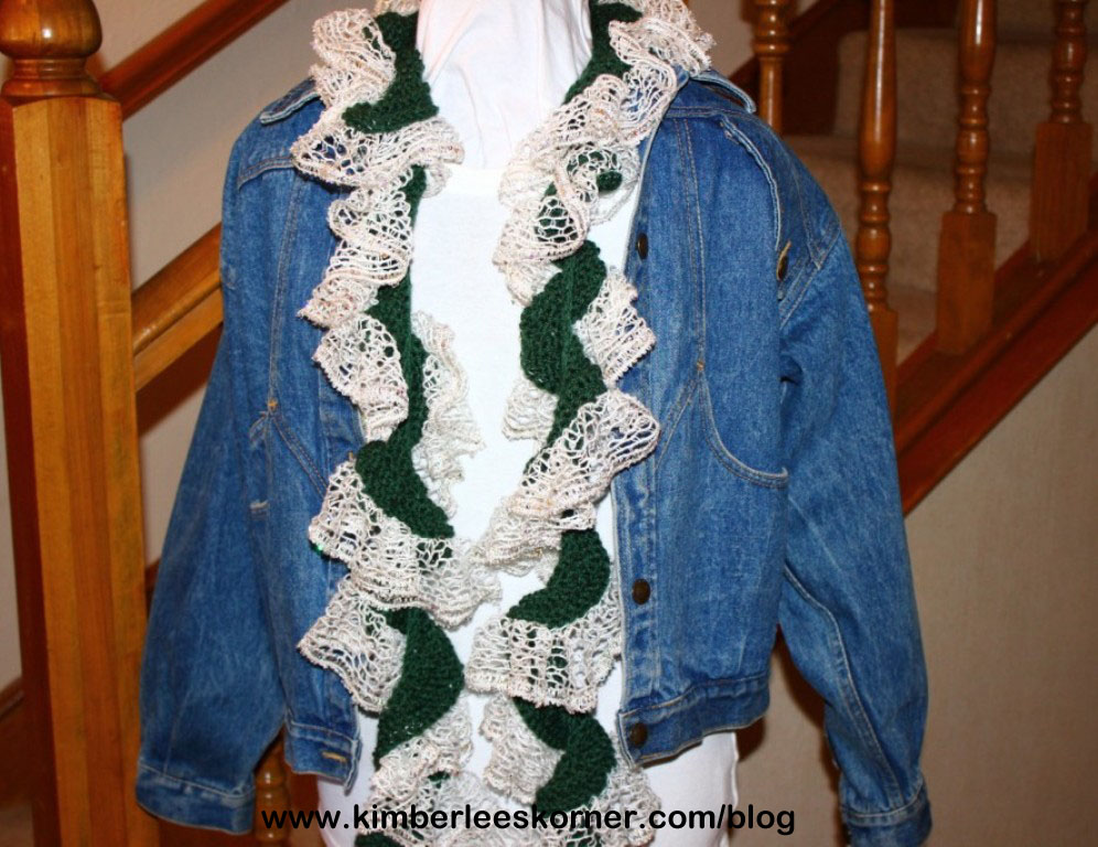 Knit Scarf with ruffle yarn edge www.kimberleeskorner.com/blog