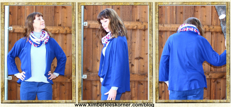 Front, Side & Back view of navy knit jacket from Kimberlees Korner
