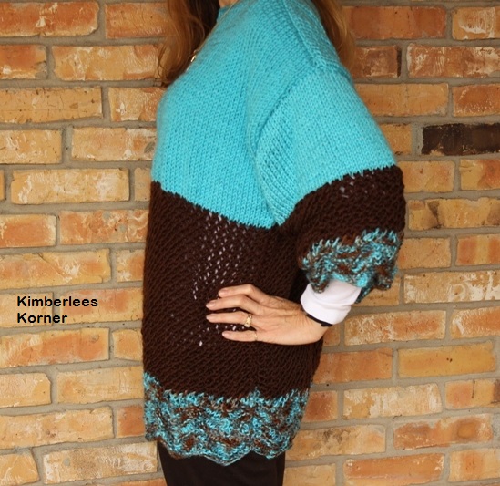 Side view of Ripple and Lace sweater designed by Kimberlee from Kimberlees Korner