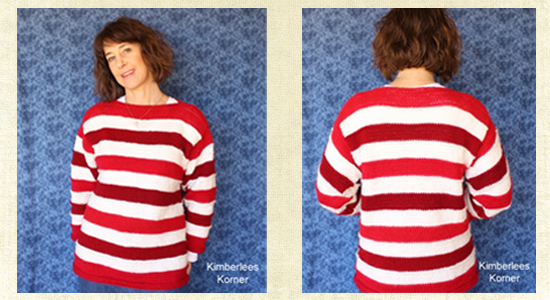 Front and back views of red stripes sweater knit by Kimberlee from Kimberlees Korner