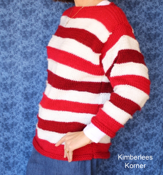 Side view of red stripes sweater from Kimberlees Korner