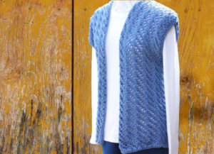 Front view of lace knit sweater vest pattern from Kimberlees Korner